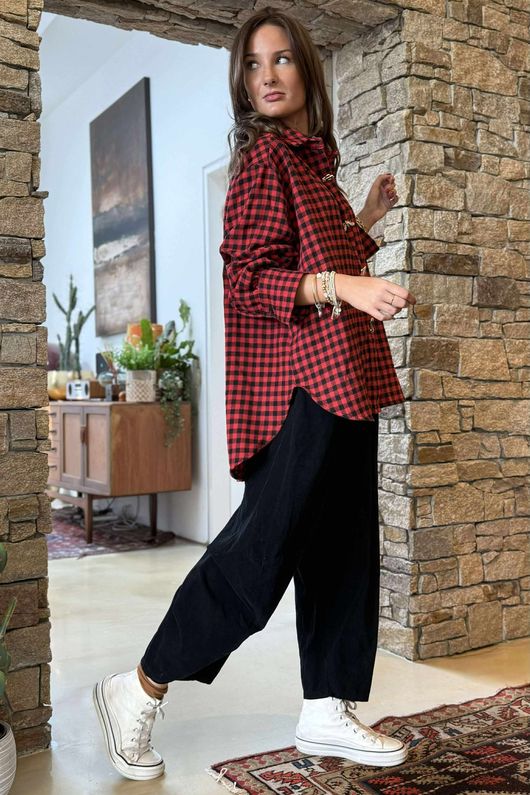 Zeta Otto Brushed Cotton Plaid Shirt Red Black